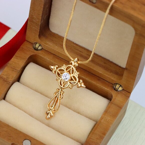 "Ornate Rose Gold Cross Pendant with Intricate Detailing and CZ Center, XPPT1841 - Picture 2 of 13